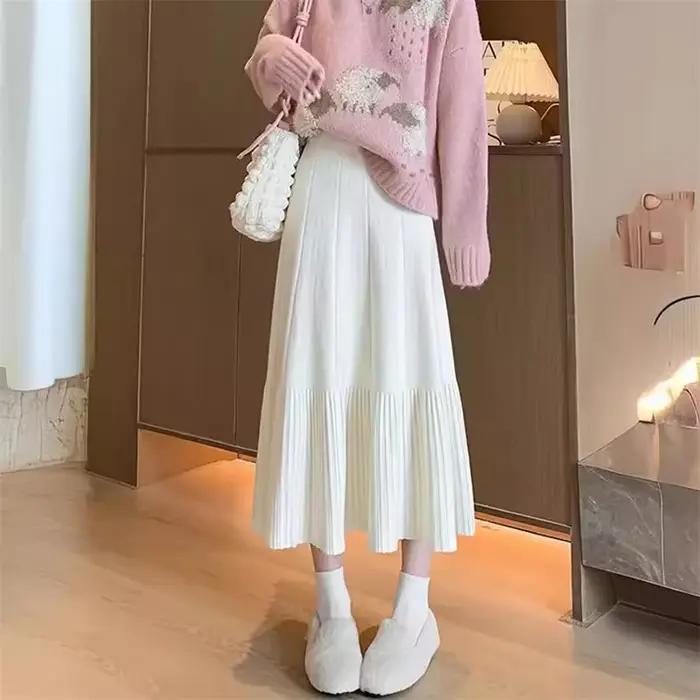 Jupe plissée tricotée taille haute tendance pour femme, nouvelle collection automne-hiver, décontractée et amincissante, coupe trapèze