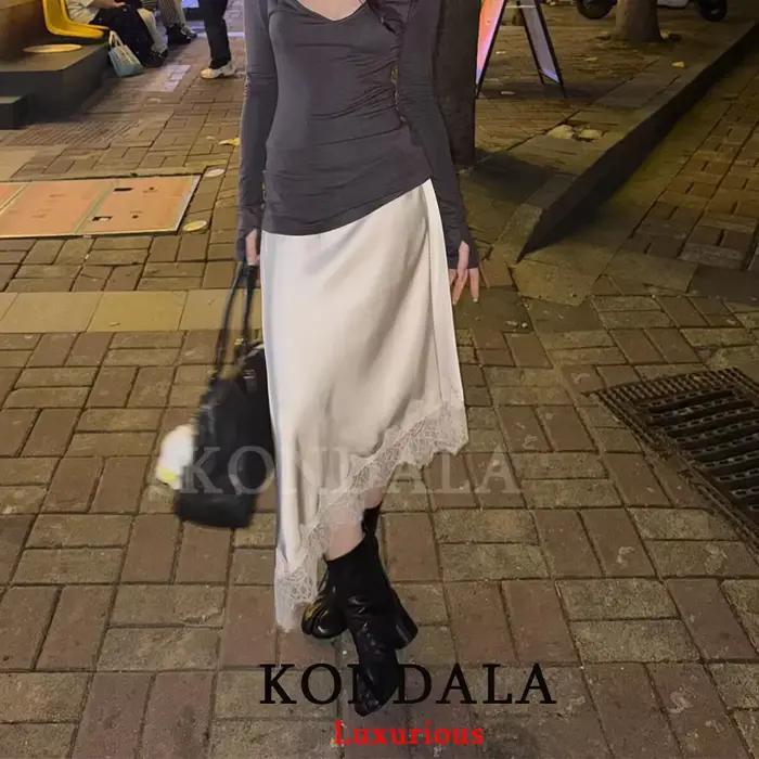 KONDALA décontracté Chic Satin dentelle jupes longues femmes élastique droite longue jupe de fête mode 2025 soirée Club