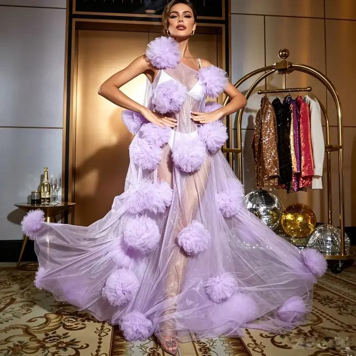 Robe de bal en tulle transparent lavande avec pompons 3D, asymétrique à une épaule, longueur ras du sol, robe de soirée formelle
