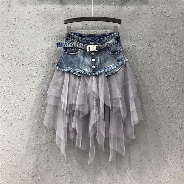 Punk femmes Denim jupes maille Patchwork Jean jupe Y2K taille haute une ligne asymétrique Tulle