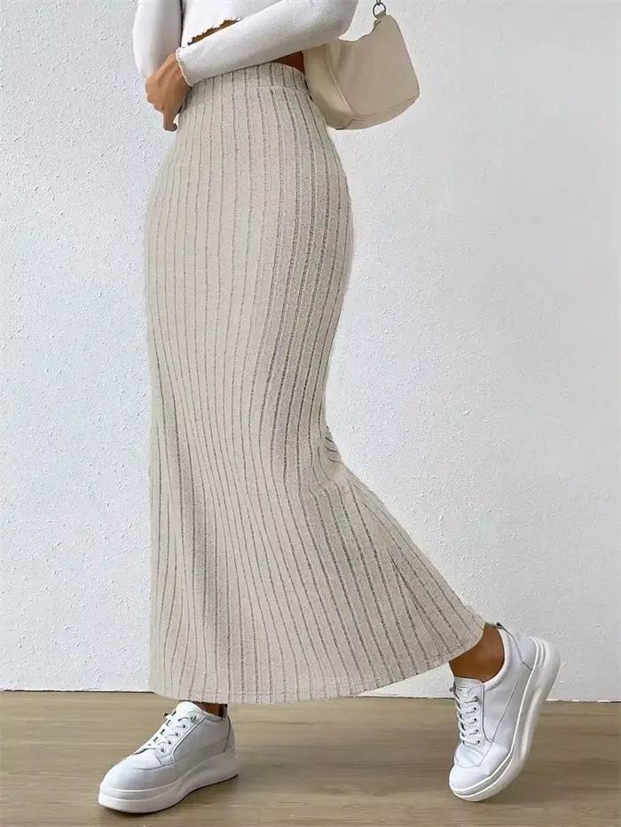 Femmes côtelé côté fendu Maxi jupe automne printemps décontracté élégant taille haute