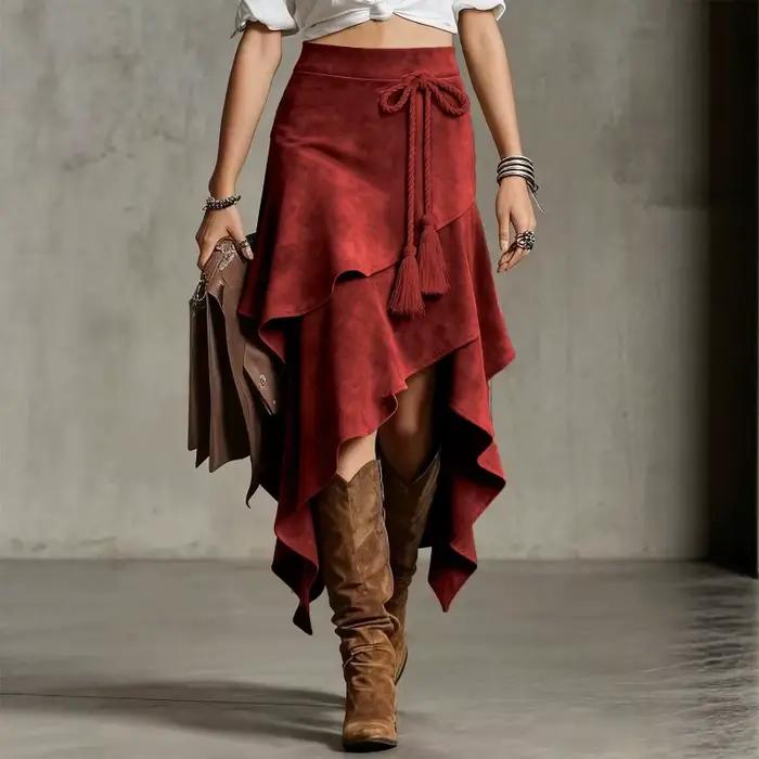 Jupe longue asymétrique vintage en daim pour femme