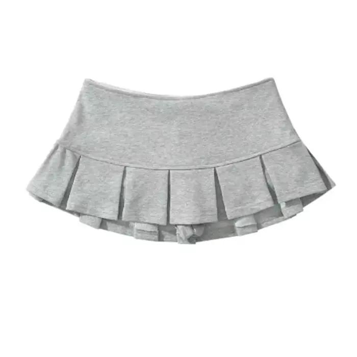 Mooyufon tissu Y2K Mini jupe femmes taille basse large plissé gris clair Sexy Vintage a-ligne