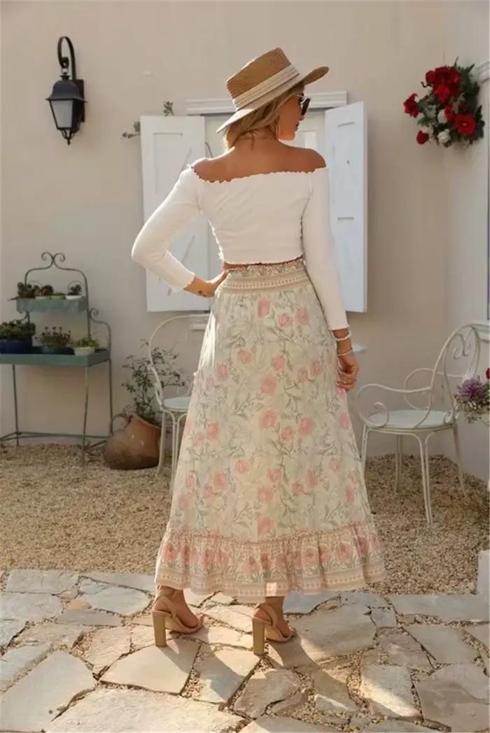 Jupe de plage vintage pour femmes, style bohème, imprimé floral paon, taille haute élastique, maxi, ligne A