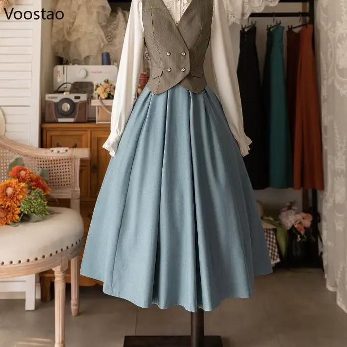 Jupe mi-longue vintage victorienne élégante et douce boutons Y2K silhouette préppy automne-hiver coton polyester drap fin Coupe régulière Mi-mollet