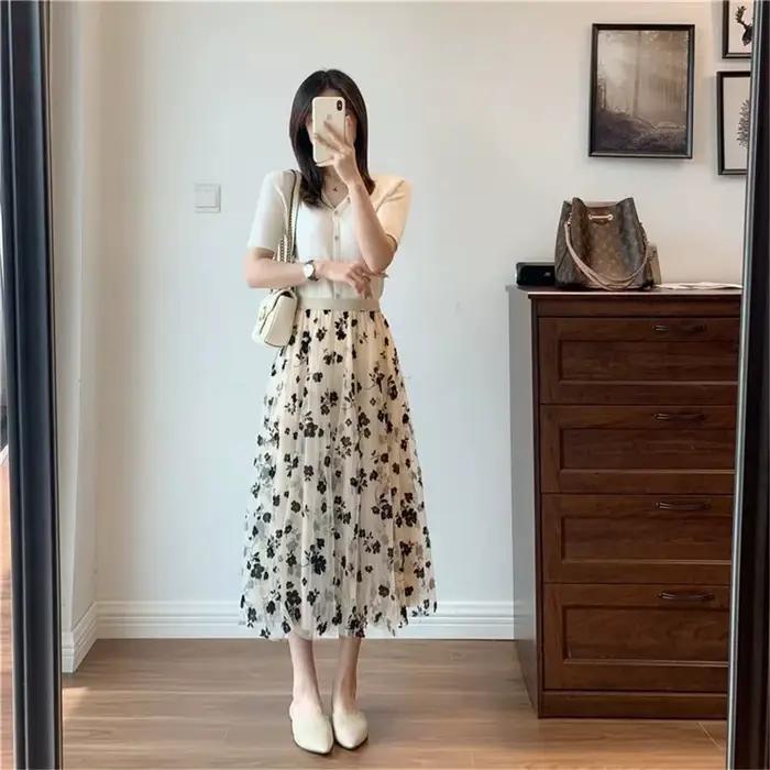 Maille jupe florale femmes 2023 printemps été automne longue gaze