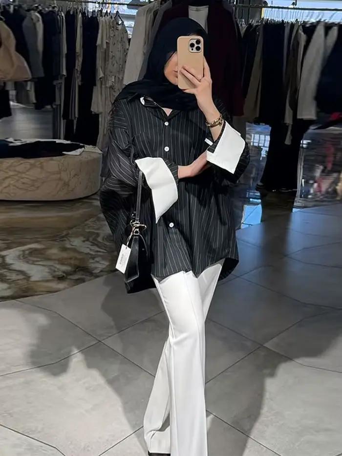 Ensemble jupe à rayures élégante pour femmes, mode revers Patchwork, chemise à manches longues, paquet de hanches, jupes longues, tenues d'été et d'automne pour dames, 2025