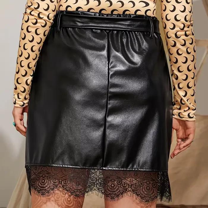 Grande taille taille élastique printemps automne élégant jupe en cuir Pu femmes dentelle garniture cravate taille noir jupe droite grande taille jupe