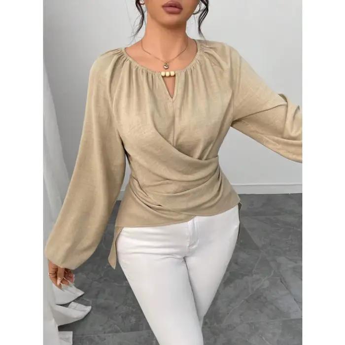 Chemisier élégant pour femme à col rond, détails perlés, manches longues lanternes, taille froncée, coupe ajustée, chemise texturée décontractée pour le quotidien