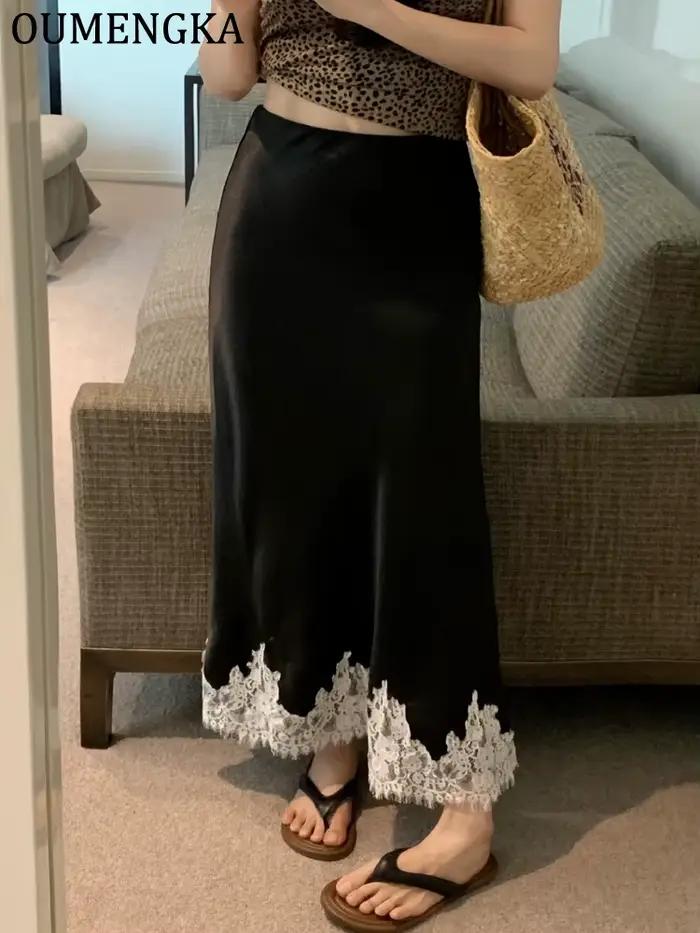 OUMENGKA été français élégant Satin sirène jupe femmes dentelle Patchwork taille élastique longue a-ligne jupes mode dames