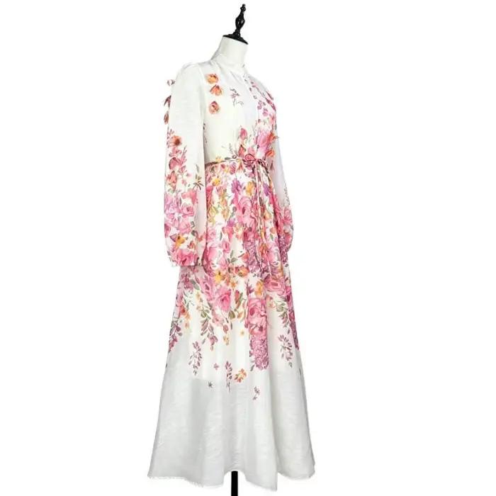 Robe longue élégante style urbain avec manches lanternes, col montant à bouton unique, imprimé floral, sensation haut de gamme pour femmes