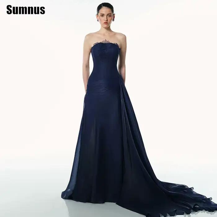 Sumnus – robe de soirée trapèze élégante, bleu marine, longueur au sol, sans bretelles, en dentelle, robes formelles personnalisées
