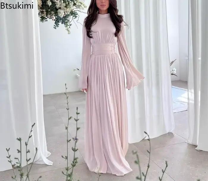 Robe longue plissée taille haute tendance pour femme, robe de soirée unie à lacets, style français, élégante, col rond, pour banquets et fêtes