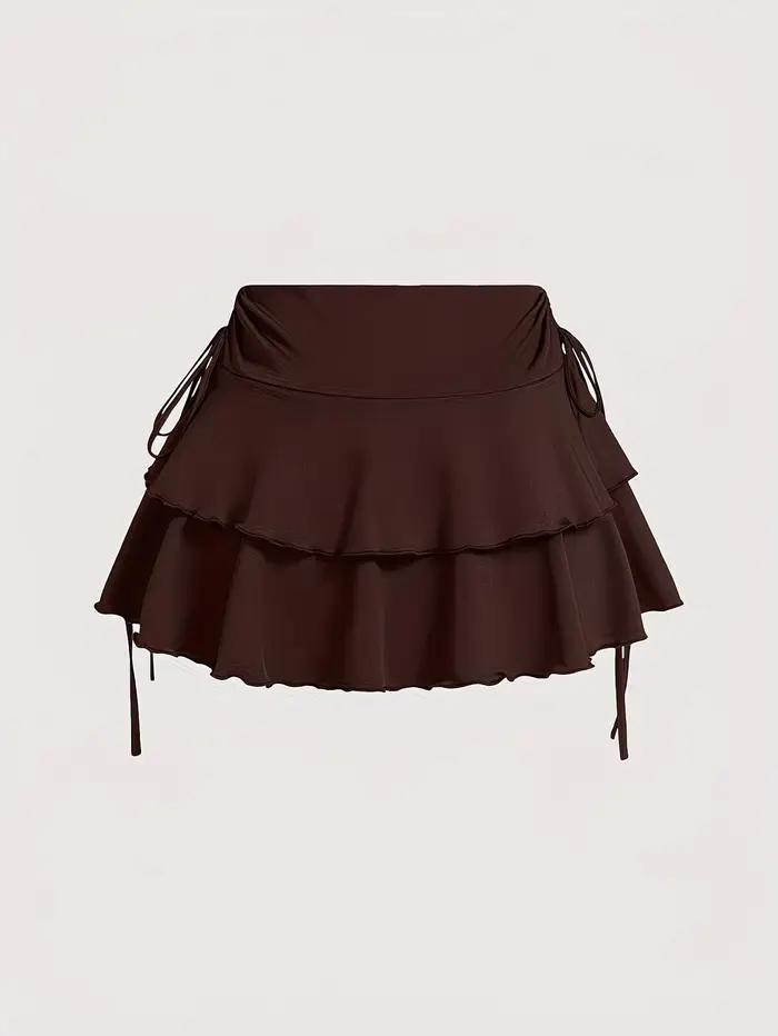 Jupe-short polyvalente à volants superposés pour femme - Jupe évasée décontractée à taille haute avec cordon de serrage