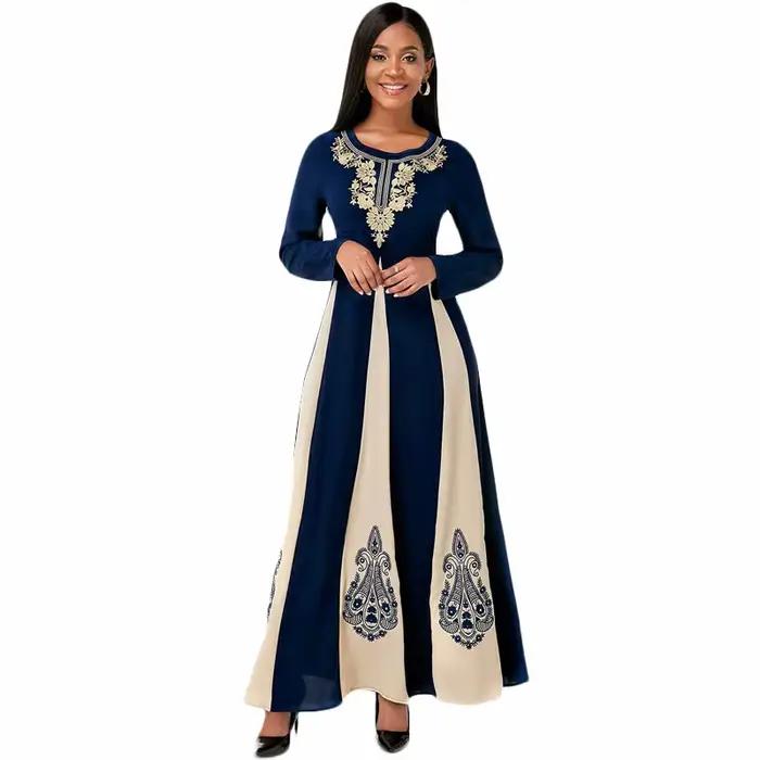 Robe musulmane élégante pour femme, col rond, manches longues, islamique, arabe, Abaya, patchwork, imprimé, Turquie, Eid Mubarak, automne, 2021