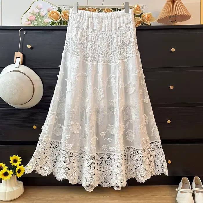 Jupe midi trapèze élégante en dentelle brodée lourde pour femme, collection Printemps 2026, taille haute, coupe ample, style féerique, en tissu de coton
