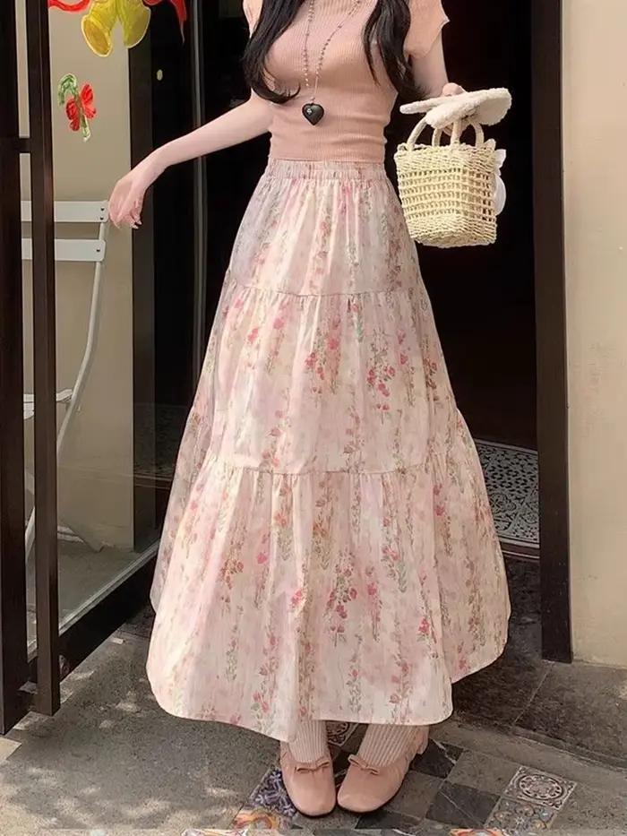 Zoki mignon jupes longues à fleurs femmes élégant taille haute rétro jupe douce japon décontracté ample tout Match