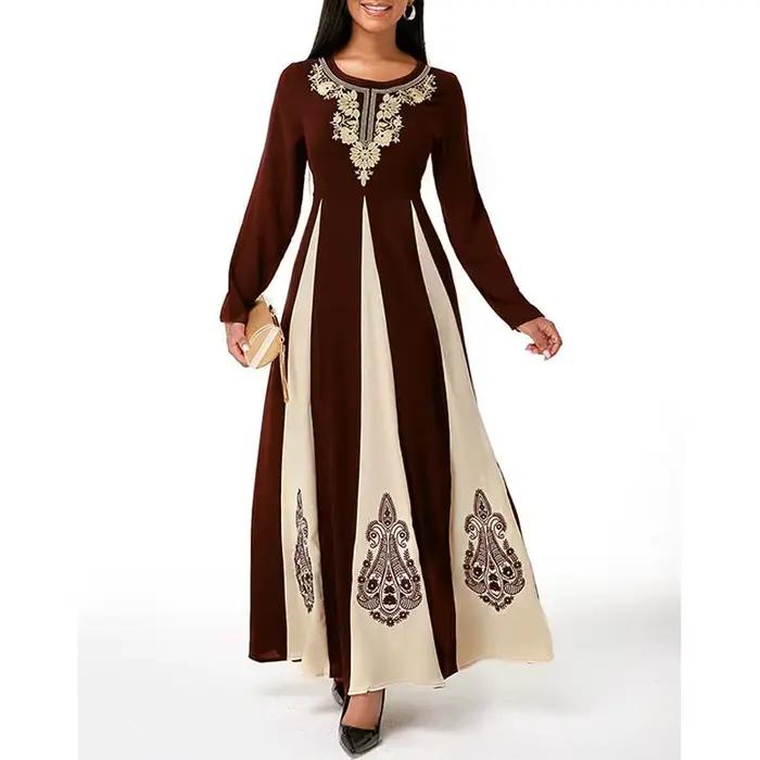 Robe musulmane élégante pour femme, col rond, manches longues, islamique, arabe, Abaya, patchwork, imprimé, Turquie, Eid Mubarak, automne, 2021