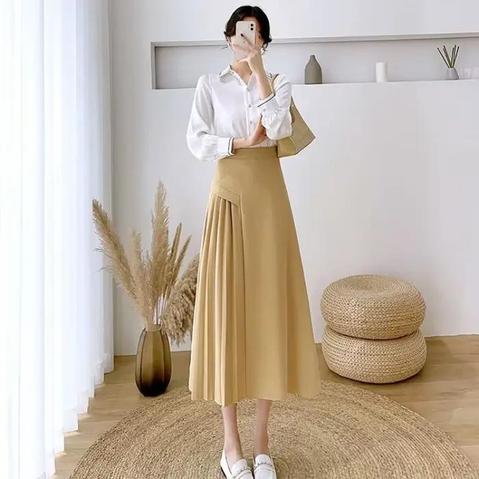 Jupe Mi-longue Femme Style Coréen Bureau Élégante Polyvalente Occasions Spéciales Polyester Coton Acétate Plissé Blanc Noir