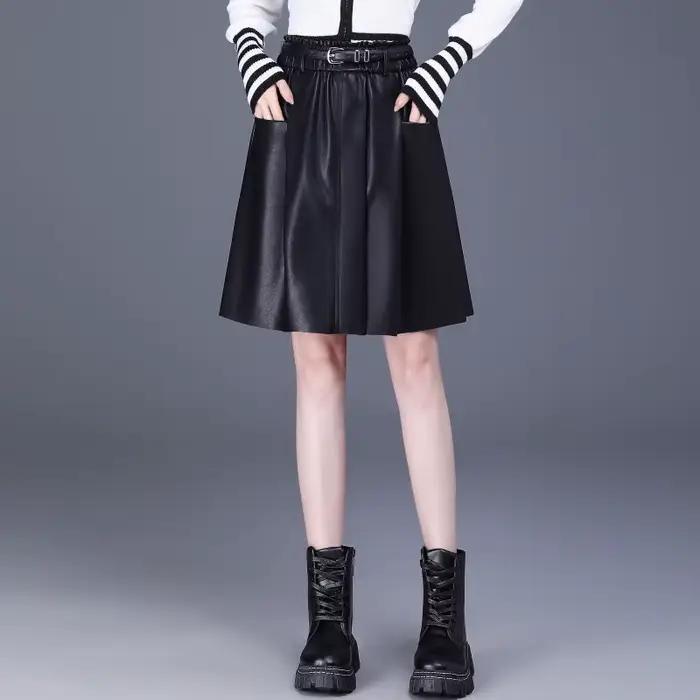 Jupe trapèze taille haute en cuir PU pour femme