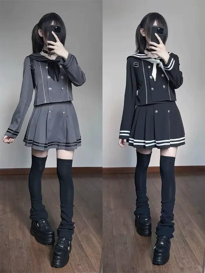 Ensemble 2 pièces style marin pour femme : haut croisé à nœud et jupe plissée mini à manches longues – Tenue chic quotidienne pour l'automne