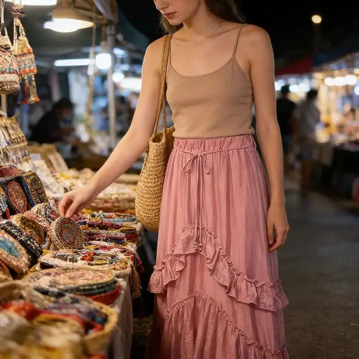 Jupe longue rose à volants superposés pour femme