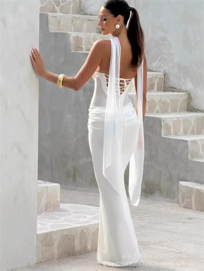 Robe de bal marron pour femmes, avec écharpe, Sexy, sans bretelles, sans manches, dos à lacets, longue Robe de soirée formelle et élégante, Robe d'anniversaire