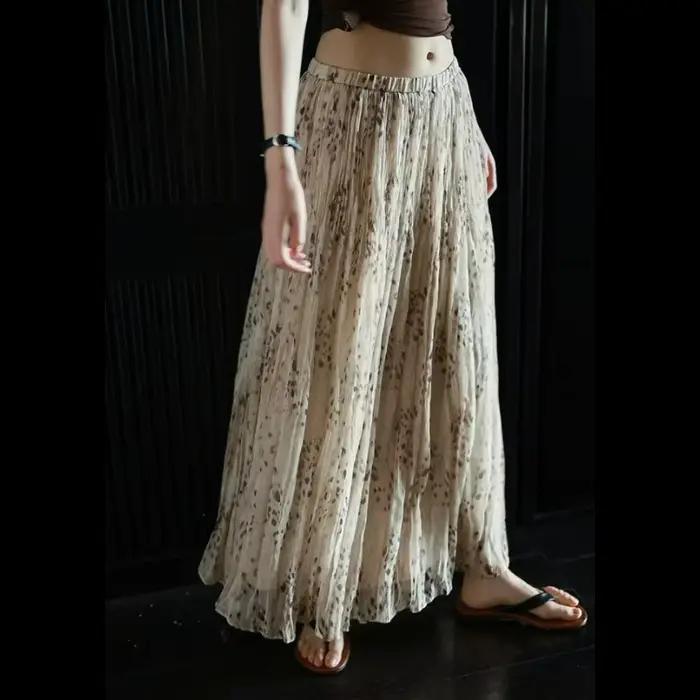 Jupe longue plissée vintage à imprimé léopard pour femme