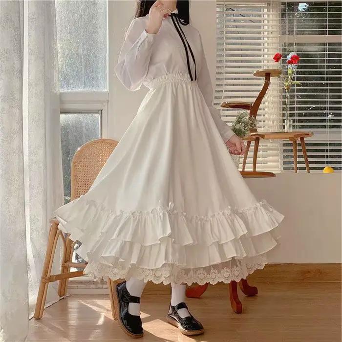 Mode douce jupe Midi femmes dentelle Patchwork nœud Preppy automne jupes décontractées amples japonaises à volants