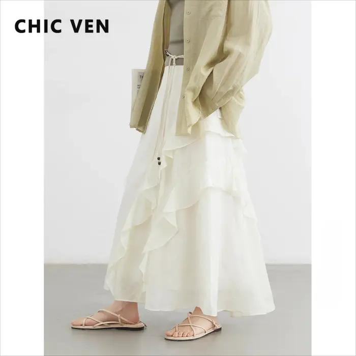 CHIC VEN – jupe coréenne pour femmes, couleur unie, ample, décontractée, nouveau Design, ligne a, demi-jupe fendue, bord à volants, printemps été 2025