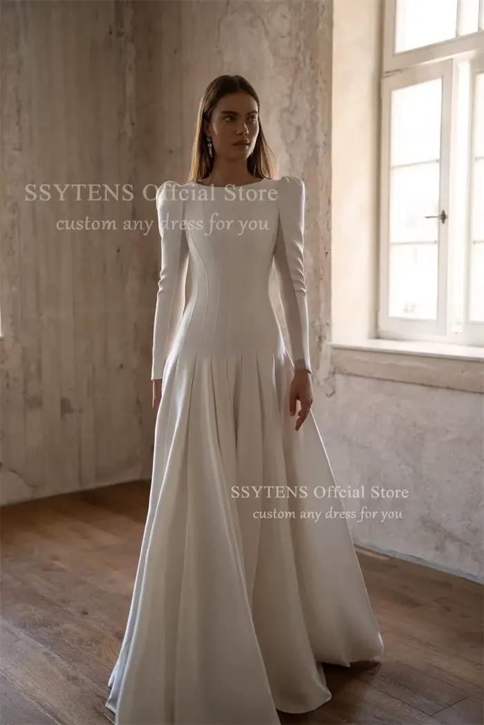 SSYTENS Chic blanc Satin robes de mariée manches longues