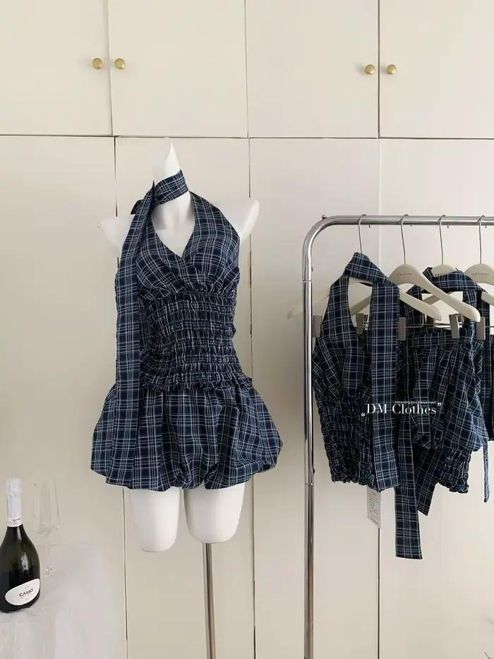 Rétro bleu marine haut à carreaux jupe courte costume femmes été Internet célébrité rue américaine douce fille chaude