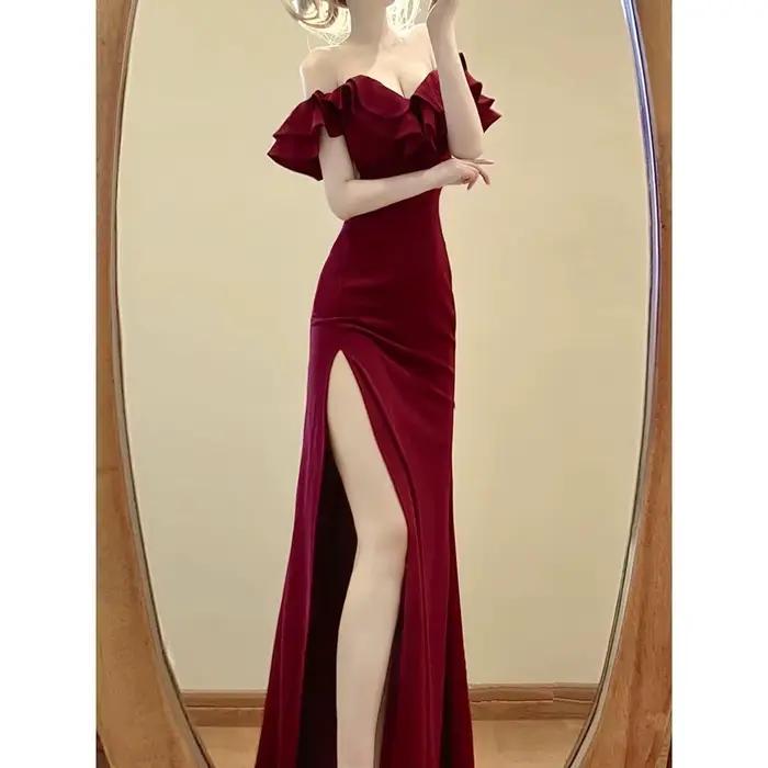 Robe de soirée rouge, sexy, dos nu, taille haute, fendue, à volants, élégante, pour femmes, 2025