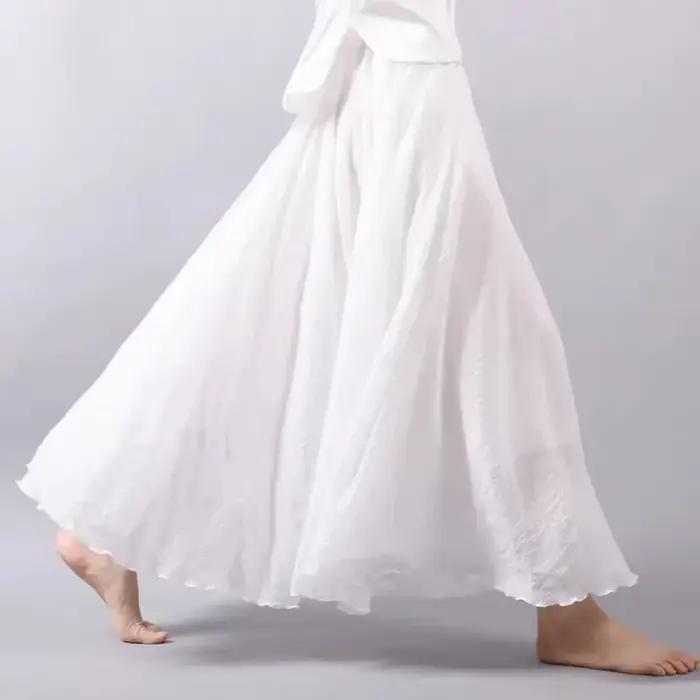 Haute qualité coton lin Maxi jupe femmes décontracté élastique taille