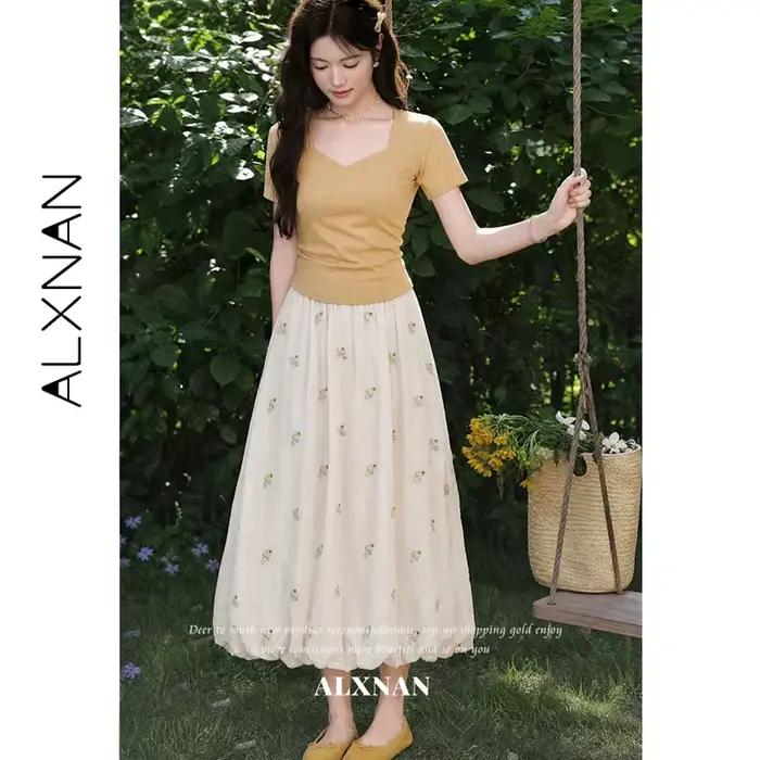Jupe longue brodée florale ALXNAN pour femme, taille haute, élégante, tendance, pour les vacances, collection 2026, L66263A