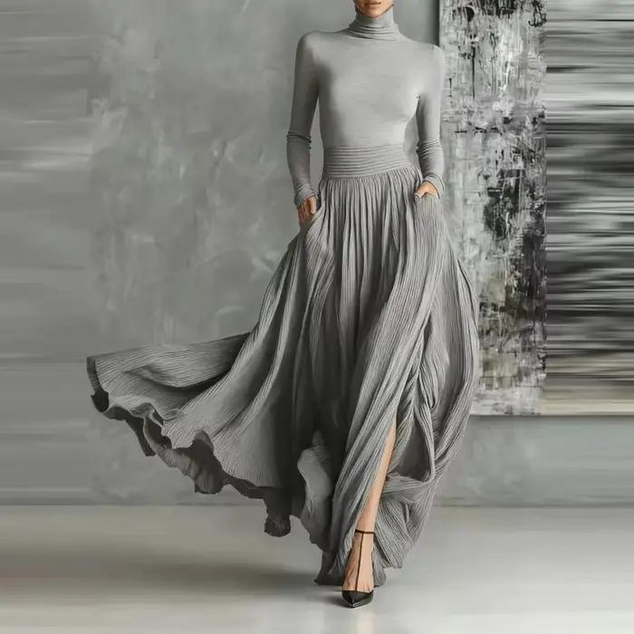 France élégant deux pièces jupe ensemble pour femmes poches solide minimaliste ourlet fendu plissé une ligne Vintage col roulé mince costumes