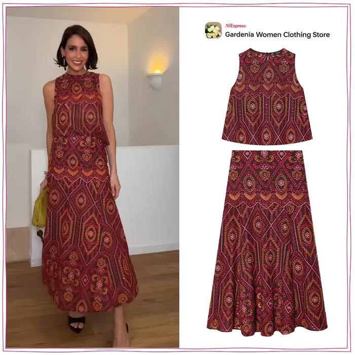 Haut brodé à col rond sans manches et jupe midi évasée assortie style ethnique estival pour femmes juniors occasions spéciales