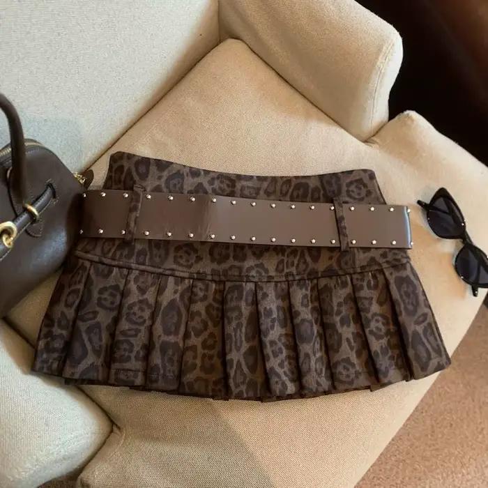 Jupe plissée taille haute et anti-éblouissement imprimé léopard américain pour filles chaudes