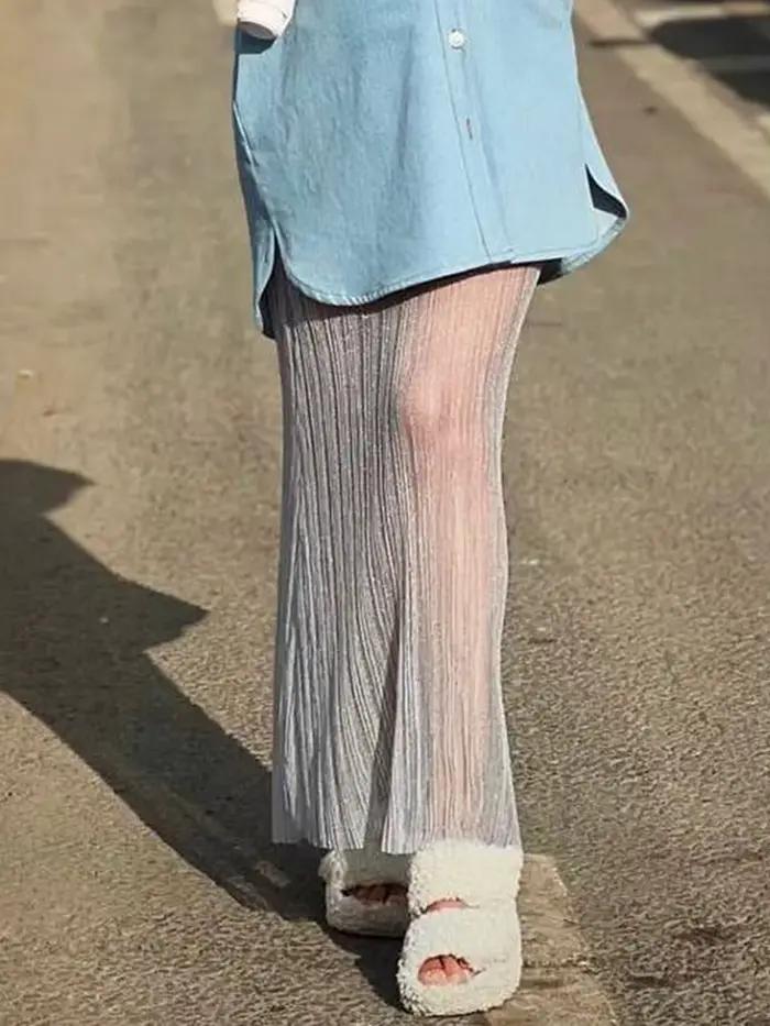Puloru-Jupe longue en maille transparente pour femme