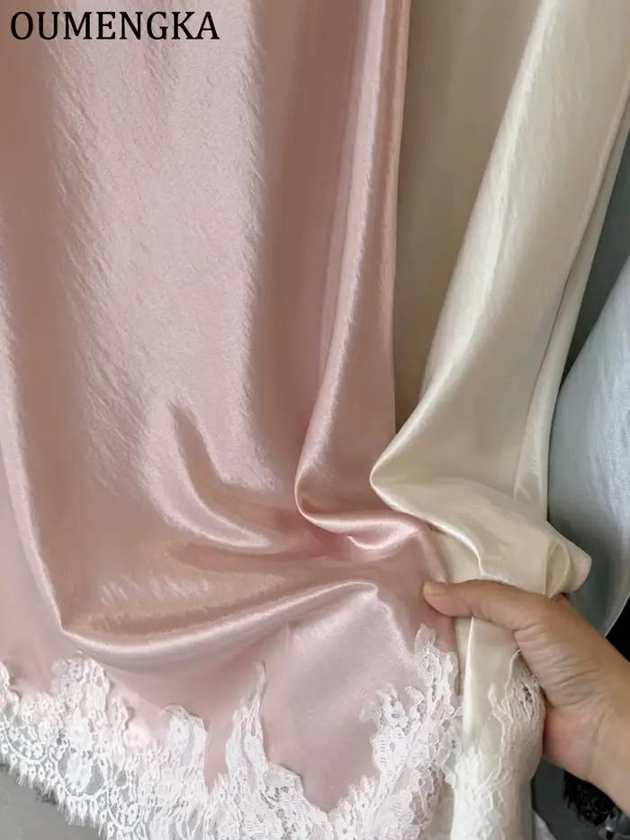 OUMENGKA été français élégant Satin sirène jupe femmes dentelle Patchwork taille élastique longue a-ligne jupes mode dames