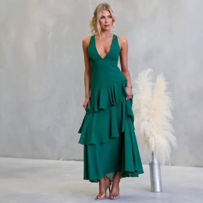 Robe longue à col en V, couleur unie, avec ceinture, style vacances d'été, jupe à volants, en polyester, sans manches, taille mi-haute, fraîche et élégante