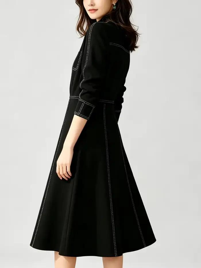 Robe midi noire pour femme 2026 – Robes décontractées élégantes pour femme – Tenues décontractées à col en V et surpiqûres contrastées
