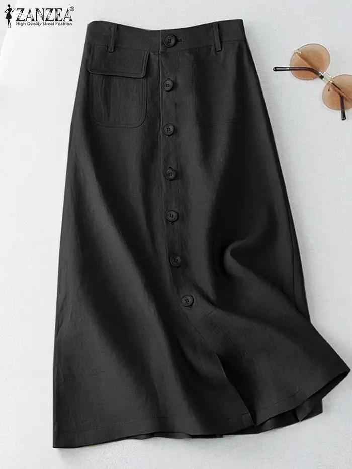 ZANZEA élégant coton Midi jupes décontracté boutonné a-ligne Jupe femmes taille haute