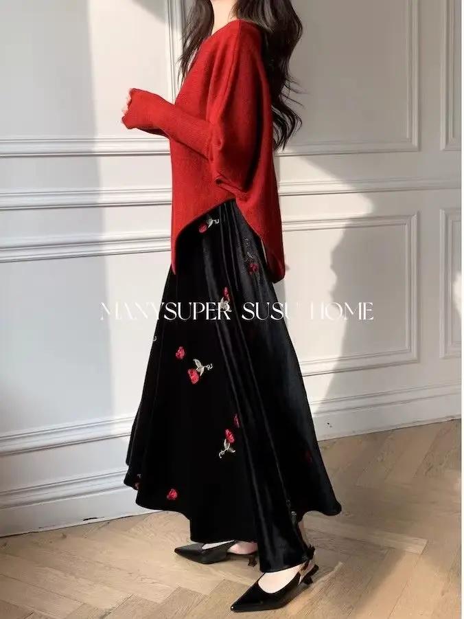 Nicemix automne/hiver nouvelle jupe rétro brodée rouge Rose velours pour les femmes Style français taille haute minceur a-ligne jupes longues