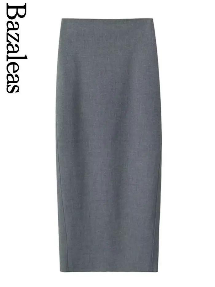 Bazaleas 2024 élégant gris femmes jupe longue officiel taille haute paquet hanche a-ligne jupes