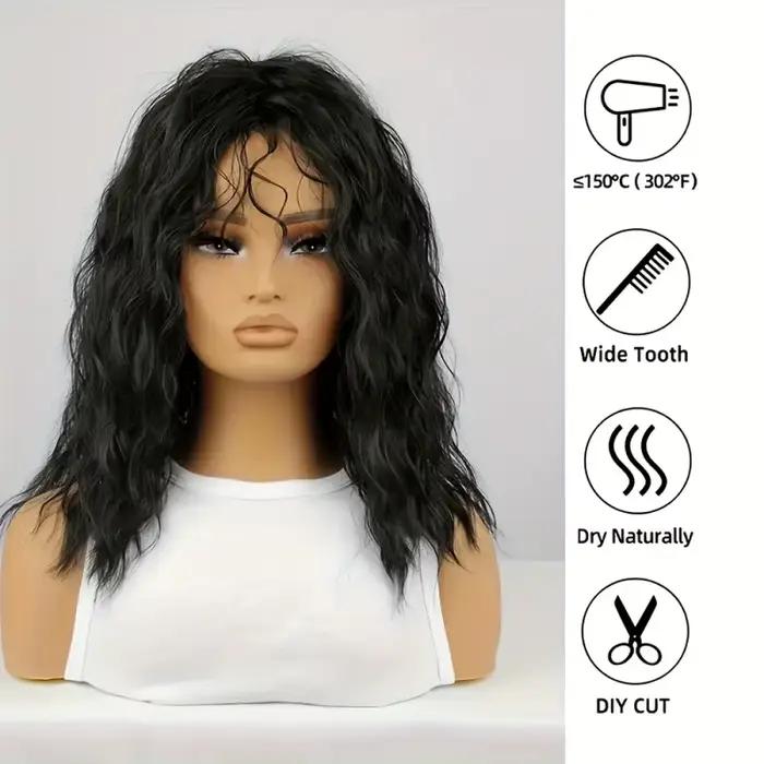 Perruques bouclées noires avec frange pour femmes, perruque synthétique longue bouclée et ondulée des années 80, perruque à bascule longue et douce
