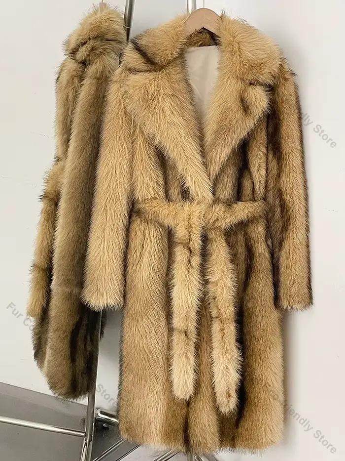 Manteau long en fausse fourrure pour femme, col à revers cranté, ceinturé, épais, nouvelle collection