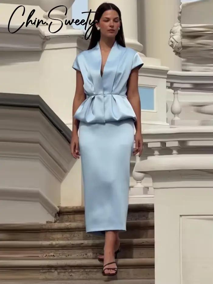 Nouvel ensemble jupe et blazer urbain pour femme : haut plissé sans manches à col en V