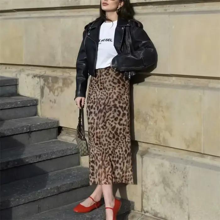 MUJER imprimé léopard jupe Midi femme Tulle taille haute jupes longues pour les femmes 2025 été Vintage maille