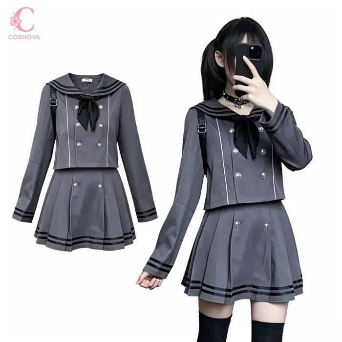 Ensemble 2 pièces style marin pour femme : haut croisé à nœud et jupe plissée mini à manches longues – Tenue chic quotidienne pour l'automne